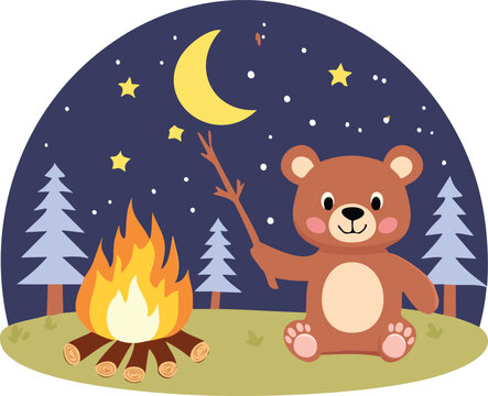 "Cute Bear by Campfire Nighttime Cartoon Illustration"
