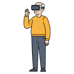 old man wearing VR goggle technology flat color vector illustration template design