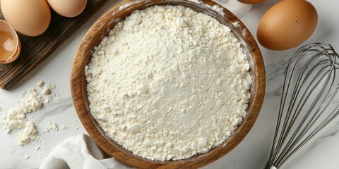 A top-down view of a wooden bowl with flour being sifted, surrounded by baking essentials like eggs and a whisk