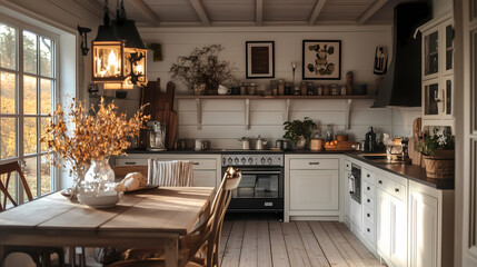 Rustic Scandinavian farmhouse kitchen with lantern lighting and cozy autumn decor