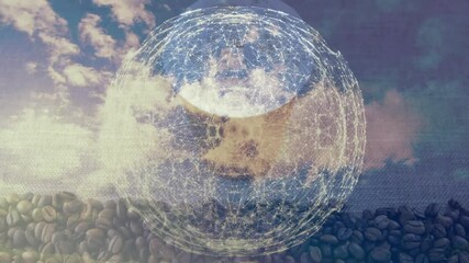 Central network sphere floating above coffee cup, blending coffee beans with cloudy sky, 3D render - Powered by Adobe