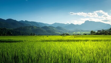 Fototapeta premium A stunning landscape featuring lush green rice fields with mountains in the background under a bright blue sky dotted with clouds.