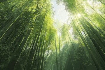 Obraz premium Sunlight filters through bamboo trees in the serene Arashiyama forest during golden hour, Low angle, sun filters through canopy in Arashiyama Bamboo Forest