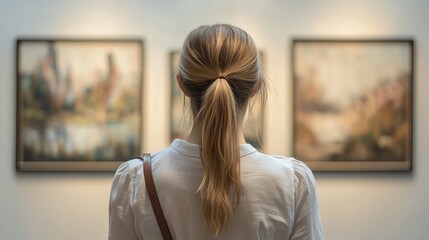 Woman viewing artwork in gallery
