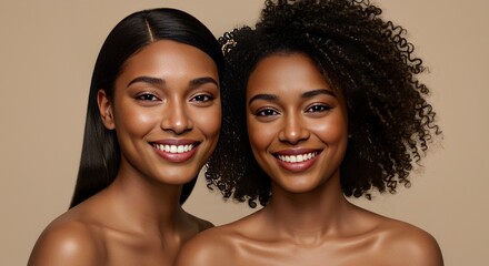 Two Diverse Women Smiling Warmly with Sleek Hair and Textured Curls Posing Bare Shoulders Together Against a Soft Solid Beige Background in Studio Lighting