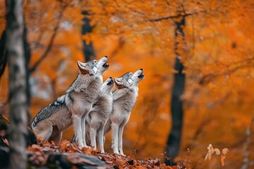 Obraz premium Howling Arctic wolf family in a vibrant autumn forest during sunset, Howling of a Artic wolf family in the forest during the autumn