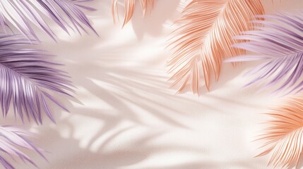Pastel peach and lavender palm leaves floating over a soft sand-textured background: A dreamy and elegant boho-chic tropical design for modern branding.