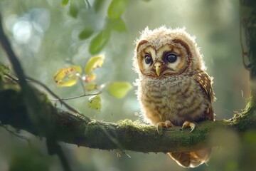 Juvenile tawny owl perched on branch in lush forest during daylight, Juvenile tawny owl (Strix aluco) in forest, baby chick perching on a branch, calling