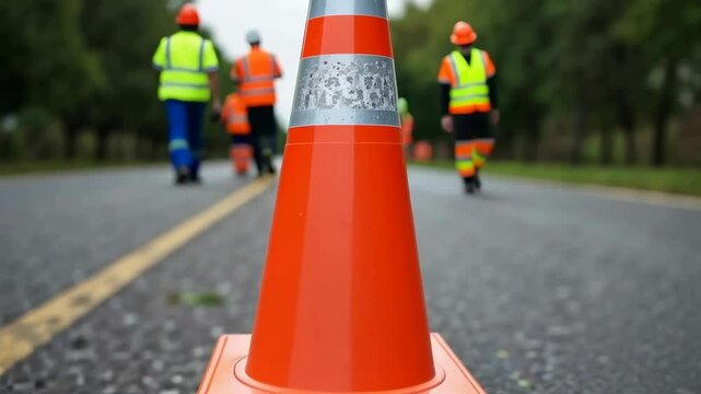 A bright orange traffic cone is in the foreground, and in the background are workers in reflective vests walking along the road.