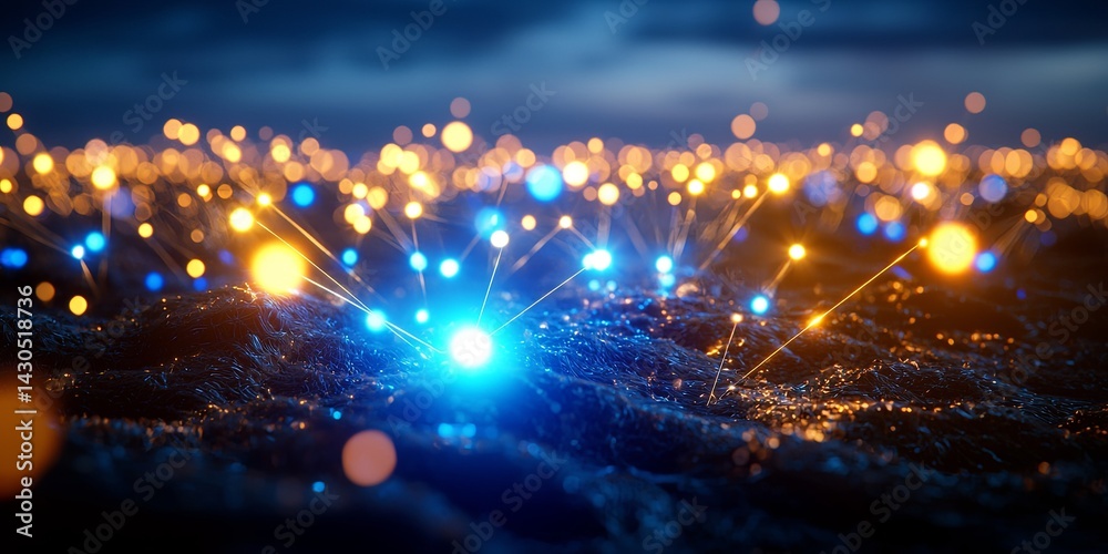 Fototapete Abstract digital landscape with glowing blue particles and connections creating a futuristic and technological atmosphere in a dark background