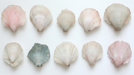 Unique collection of assorted shells displayed in a neat arrangement showcasing natural textures and colors from coastal environments