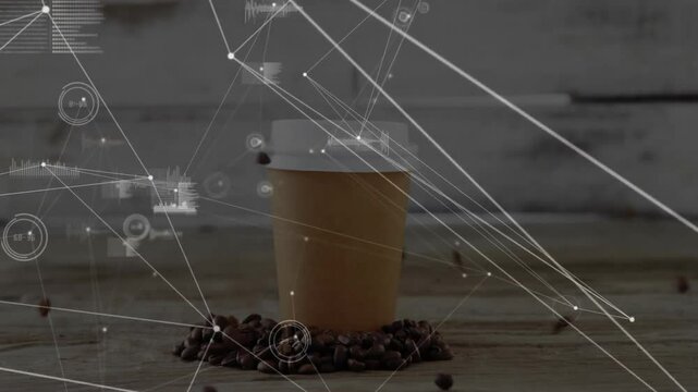 Featuring disposable paper coffee cup on wooden table with beans and digital network overlay