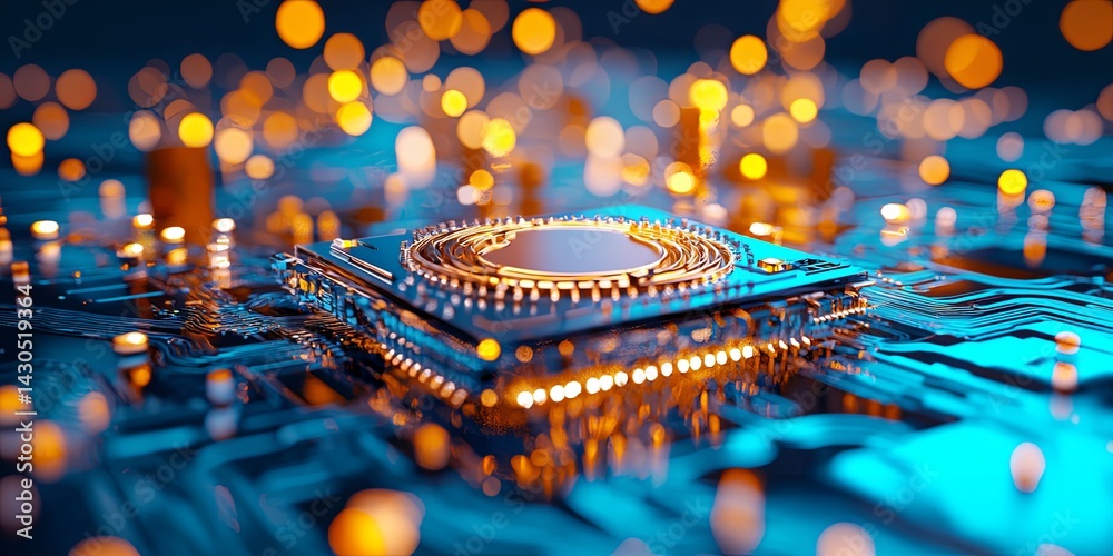 Poster Close-up View of a Microprocessor Surrounded by a Complex Circuit Board Design in Vibrant Blue Tones Showcasing Technology and Innovation