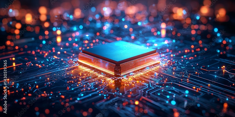Poster Close-up View of a Microprocessor Surrounded by a Complex Circuit Board Design in Vibrant Blue Tones Showcasing Technology and Innovation