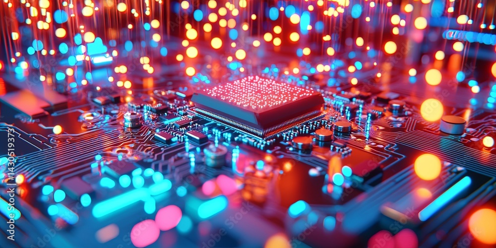 Poster Close-up View of a Microprocessor Surrounded by a Complex Circuit Board Design in Vibrant Blue Tones Showcasing Technology and Innovation