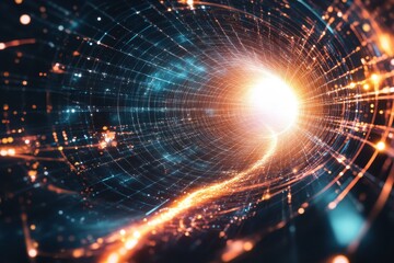 Obraz premium Connections and data processing through a black hole visualization with vibrant colors in a cosmic tunnel, data processing and connections over black hole