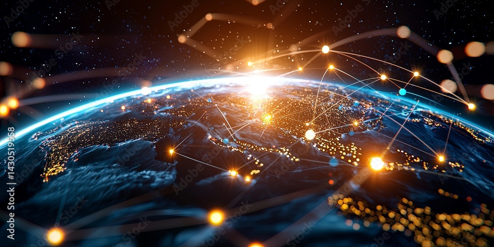 Leinwandbilder Futuristic Digital World with Connecting Lines and Dots Illustrating Global Networks and Technology Advances in Dark Background