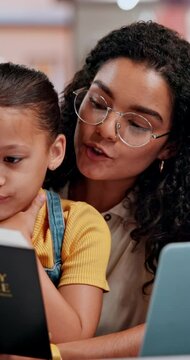Mother, child or teaching with holy bible for spiritual literature, knowledge or belief. Mom, kid or Christian family reading with book, novel or scripture for religious study, faith or word of God