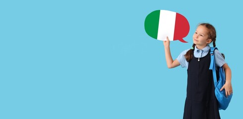 Schoolgirl with backpack and speech bubble on light blue background with space for text. Studying of Italian language