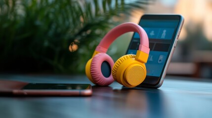 Naklejka premium A set of colorful wireless headphones and a gym playlist displayed on a smartphone screen, perfect for running motivation,