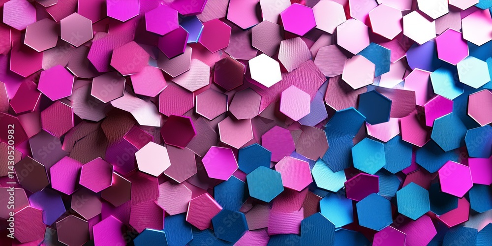 Poster colorful hexagonal patterns in vibrant shades of pink, blue, and purple for textured background or m