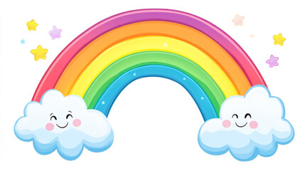 Bright cartoon rainbow with smiley faces on fluffy clouds for preschool learning