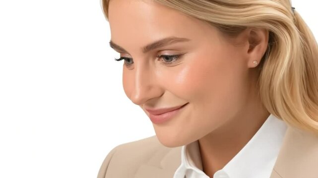 Serene Reflection: A captivating portrait of a woman exudes a quiet, introspective grace, her gaze gently lowered in a moment of thoughtful contemplation, with the focus on her face in natural light.