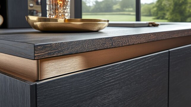 Dark wood countertop with copper accents, showcasing modern kitchen design.
