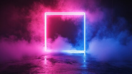 Fototapeta premium Neon square frame in smoky, vibrant background