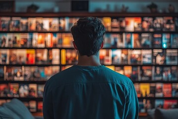 Man relaxing in his cozy living room while browsing movies on a streaming service.