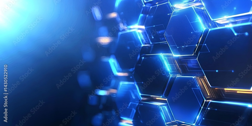 Aufkleber Abstract Blue Hexagon Pattern with Glowing Edges on Dark Background for Modern Technology Design and Digital Artwork