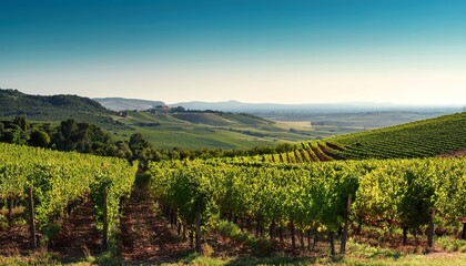 Fototapeta premium A serene vineyard landscape with rows of grapevines, rolling hills, and a clear blue sky in the background, showcasing the beauty of nature.
