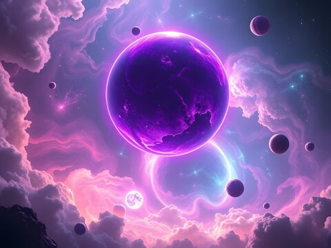 glowing purple planet sci-fi theme surrounded with cosmic dreamscape nebula swirling in pink