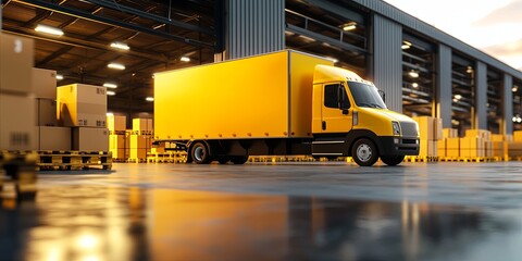 Naklejka premium Delivery truck unloading boxes at a warehouse during twilight with warm lighting and organized loading dock environment