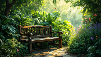 Obraz premium A solitary wooden bench placed in a peaceful garden, surrounded by lush greenery and sunlight streaming through the foliage. The scene evokes a sense of tranquility and solitude.