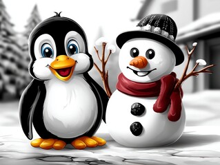 Fototapeta premium Cheerful penguin and snowman winter scene outdoor digital art snowy environment playful perspective