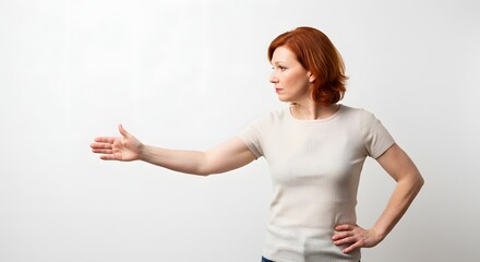 Woman presenting introducing showing offering gesturing with hand presentation concept idea expression