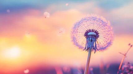 Fototapeta premium Dandelion flower releasing glowing seeds into a pastel sunset sky