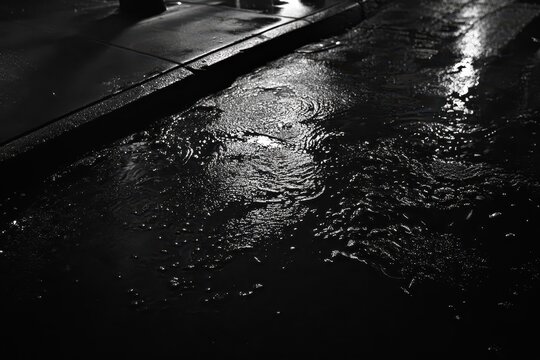 Raindrops create ripples on a rain-soaked pavement during a nighttime rainstorm, Raindrops bouncing off the surface of a rain-soaked asphalt road surface