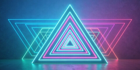 Neon triangle tunnel glowing vibrant pink blue light abstract digital art futuristic background design with cosmic