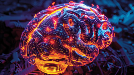 Glowing Circuit Board Brain with Floating UI Elements &ndash; AI Concept Art in Flat Meets 3D Realism, LinkedIn Article Header Style