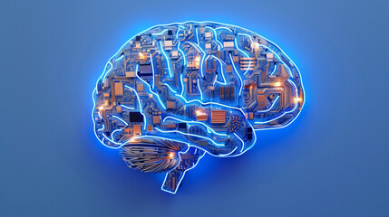 Glowing Circuit Board Brain with Floating UI Elements &ndash; AI Concept Art in Flat Meets 3D Realism, LinkedIn Article Header Style