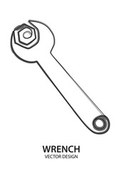 Vector gray colored line simple illustration, wrench in outline style, print, sticker and poster design. Line spanner icon. Black one continuous line illustration isolated on white background.