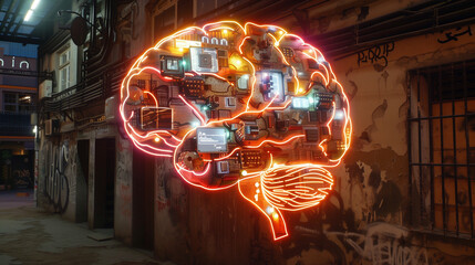 Glowing Circuit Board Brain with Floating UI Elements &ndash; AI Concept Art in Flat Meets 3D Realism, LinkedIn Article Header Style