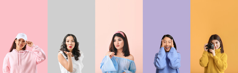 Collage of young Asian women on color background