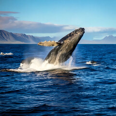 Fototapeta premium Majestic humpback whale breaching powerfully from the ocean, creating a splash. A symbol of strength, nature, and adventure. Ideal for travel, conservation, or wildlife themes.