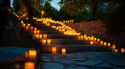 Vigils illuminate stone steps with candles, bringing hope and unity during a serene evening