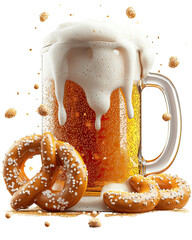 Frothy beer mug with pretzels on a white isolated background.