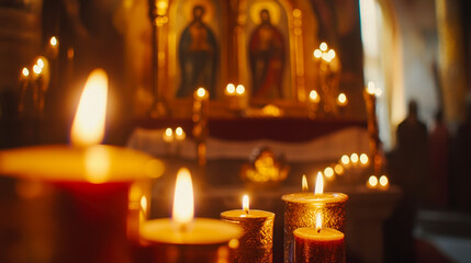 Candles flicker softly before a sacred icon in a serene, contemplative setting