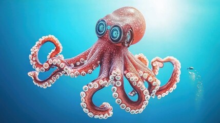 Naklejka premium A large octopus with blue eyes and tentacles in the ocean.